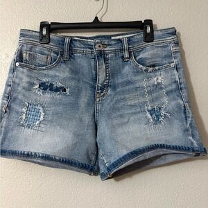 Anthropologie Pilcro Patchwork Distressed Blue Jean Shorts. Slim Boyfriend. 29